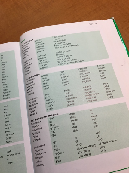 A page from Rachel's Latin textbook, showing verb charts 